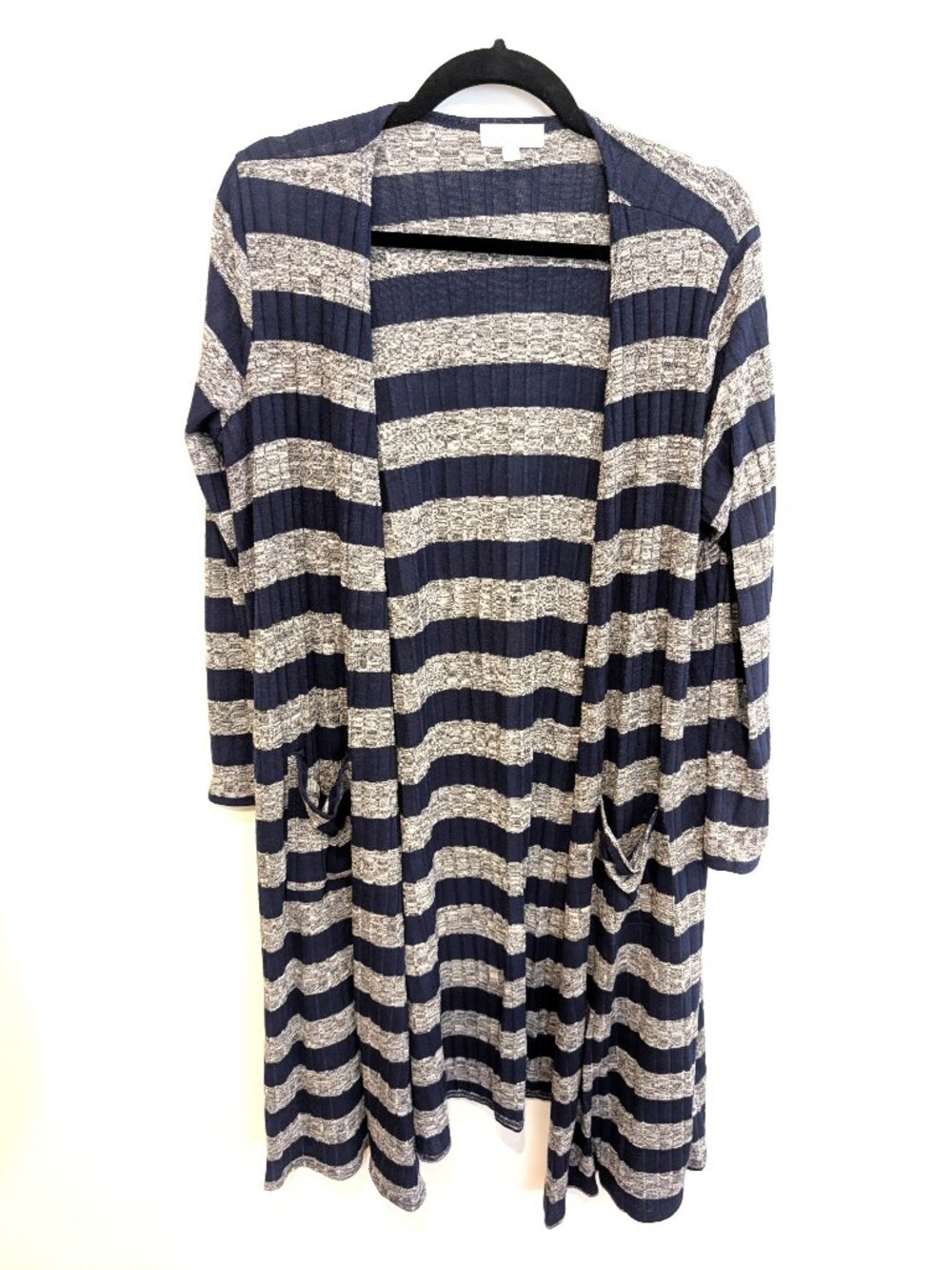 LuLaRoe Sarah Navy & Gray Ribbed Stripe Longline Duster Cardigan | Size M